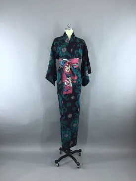1930s Vintage Silk Kimono Robe / Black & Turquoise Blue Ikat