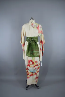 1960s Vintage Silk Kimono Robe Furisode / Ivory PEACOCKS Birds & Orchids Floral