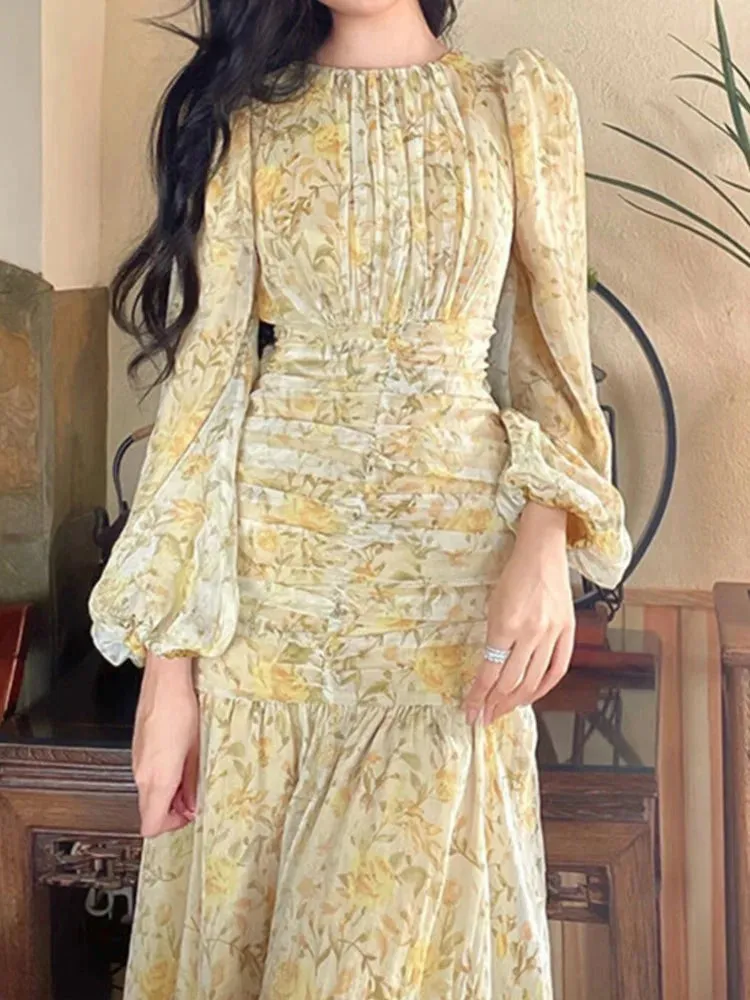 2024 Elegant Floral Print Lace Long Sleeve Floral Dress