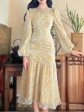 2024 Elegant Floral Print Lace Long Sleeve Floral Dress