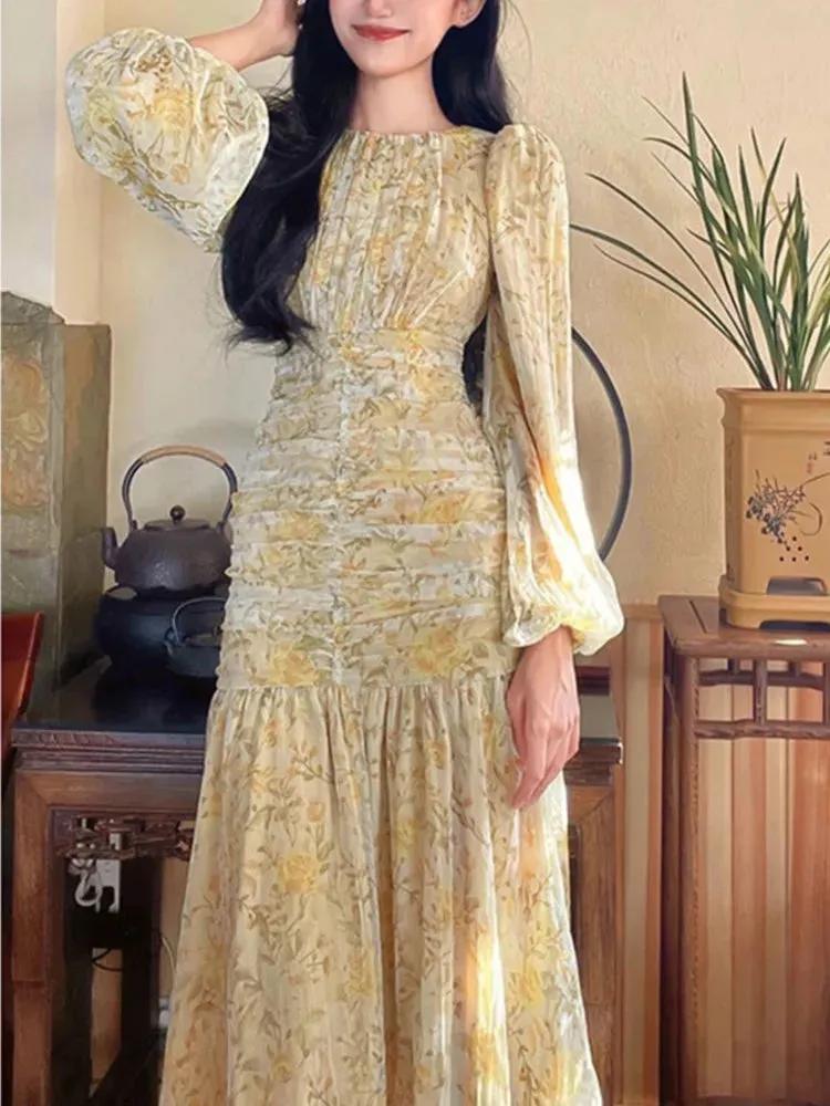 2024 Elegant Floral Print Lace Long Sleeve Floral Dress