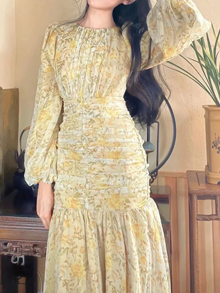2024 Elegant Floral Print Lace Long Sleeve Floral Dress