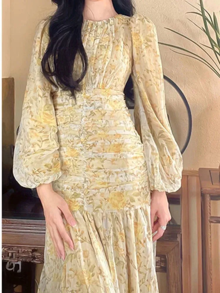 2024 Elegant Floral Print Lace Long Sleeve Floral Dress