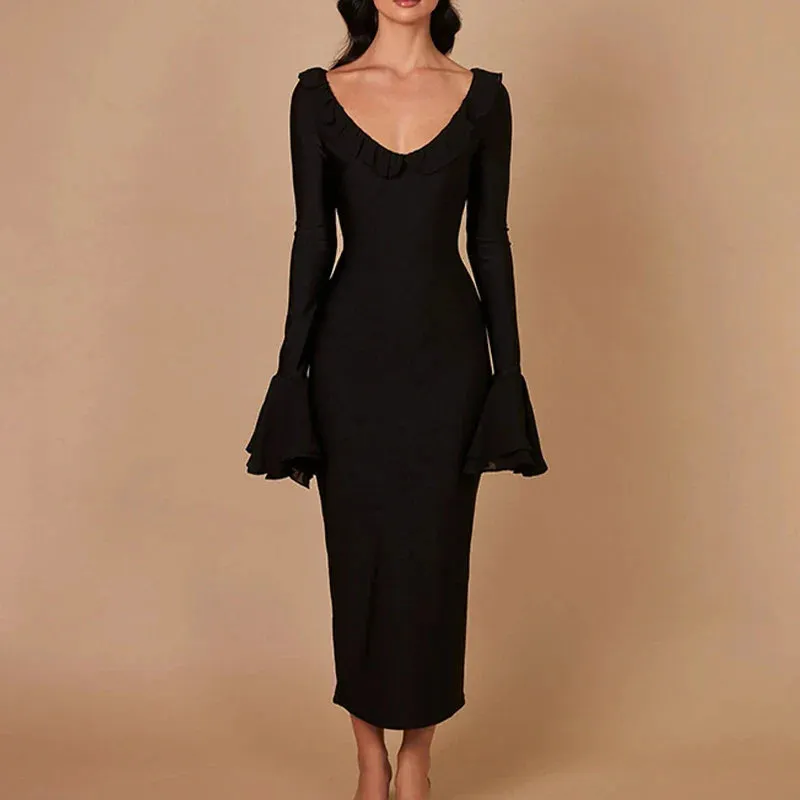 2024 Elegant Solid Color O Neck Flare Sleeve Lace-up Ruffles Maxi Dress