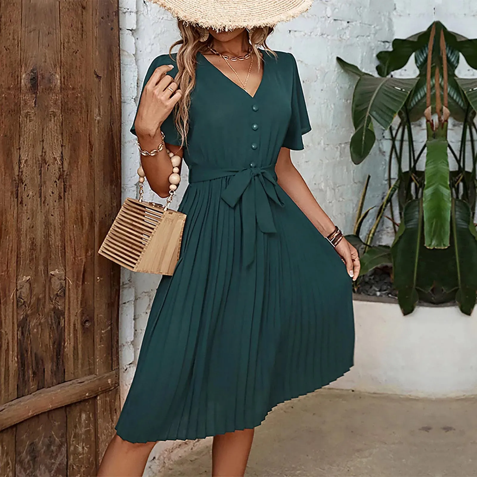 2024 Summer Elegant Pleated Short Sleeve V-Neck Lace-Up High Waist Midi Dress