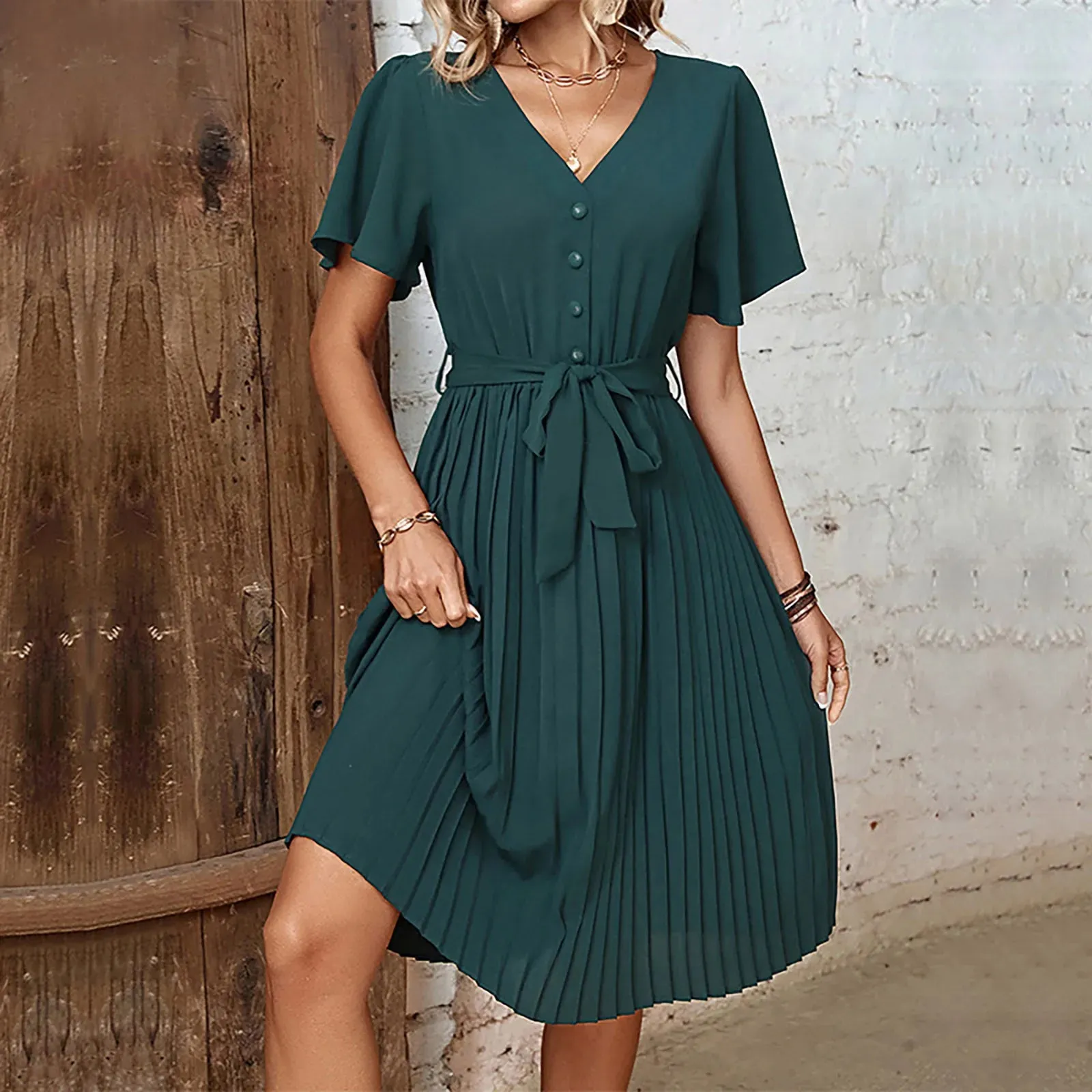 2024 Summer Elegant Pleated Short Sleeve V-Neck Lace-Up High Waist Midi Dress