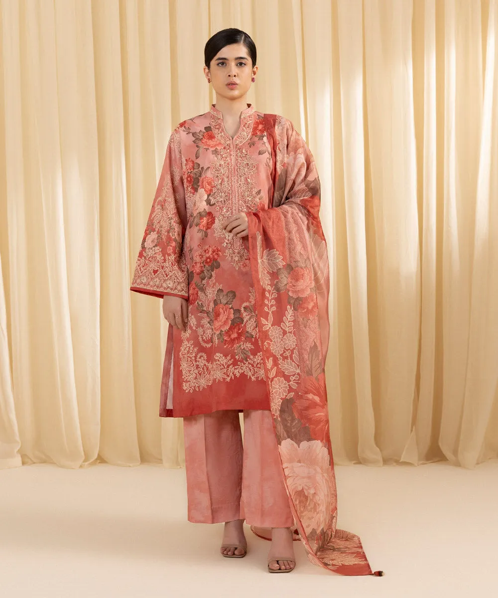 3 Piece -  Embroidered Silk Suit