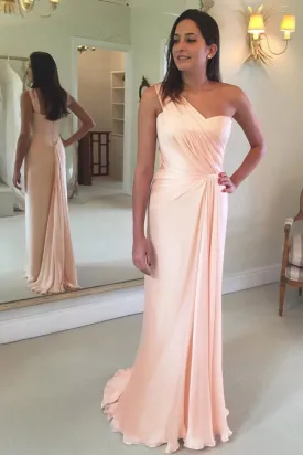 Chiffon Bridesmaid Dress - One Shoulder, Sleeveless, Line Brush Train Style