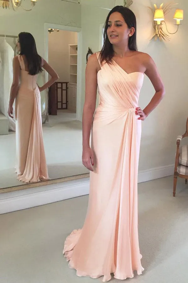 Chiffon Bridesmaid Dress - One Shoulder, Sleeveless, Line Brush Train Style