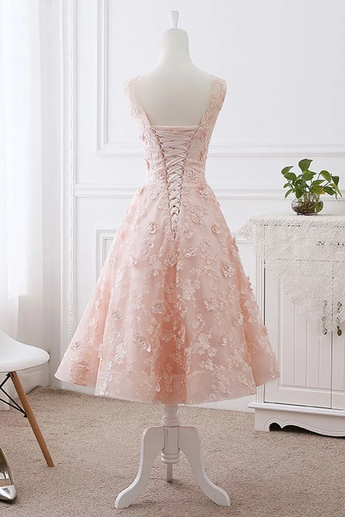 A-line Scoop Neck Tea Length Lace Pink Short Prom Dresses HX0038