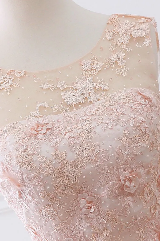 A-line Scoop Neck Tea Length Lace Pink Short Prom Dresses HX0038