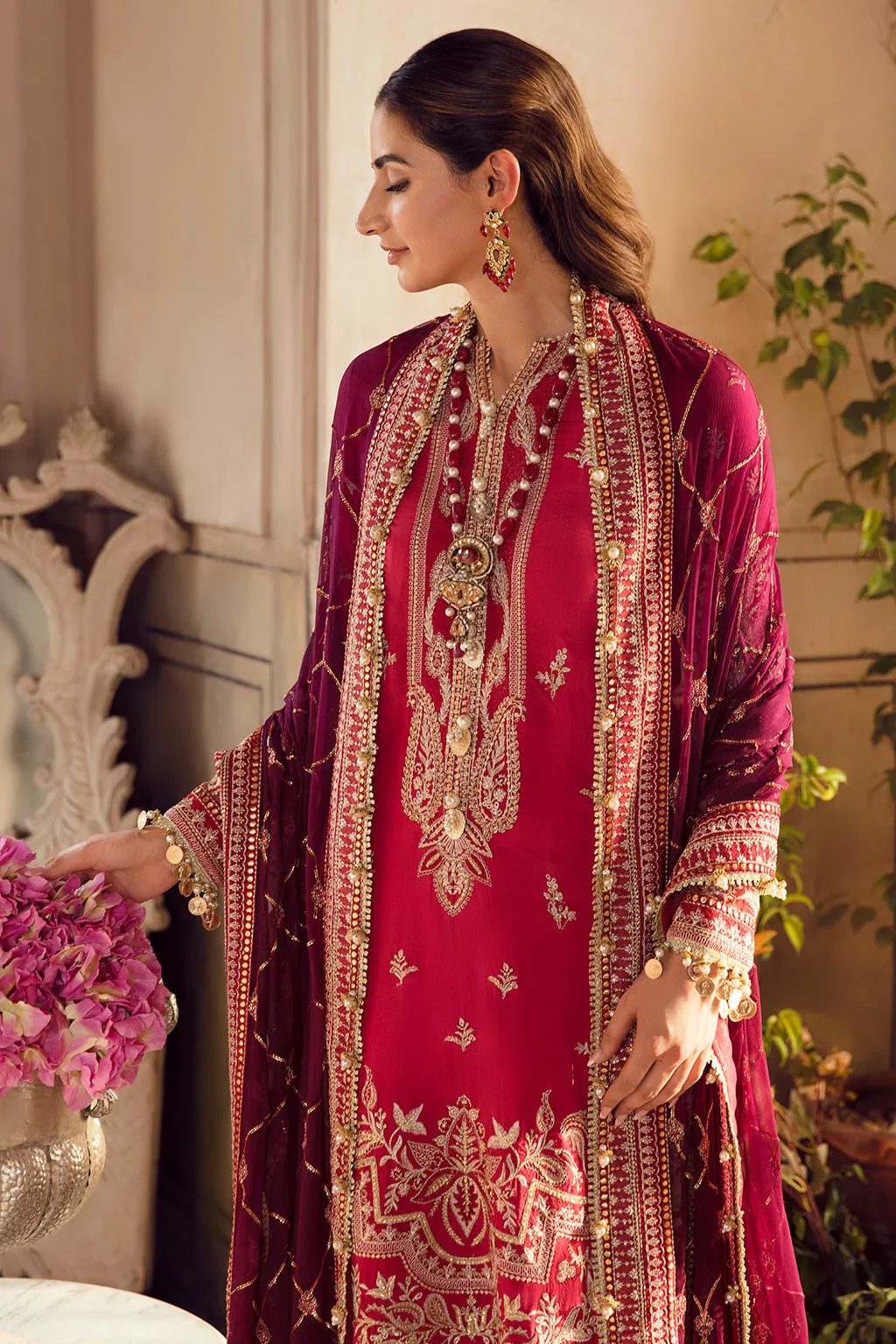 Afrozeh La Fuchsia Embroidered Chiffon Unstitched 3 Piece Suit - 09