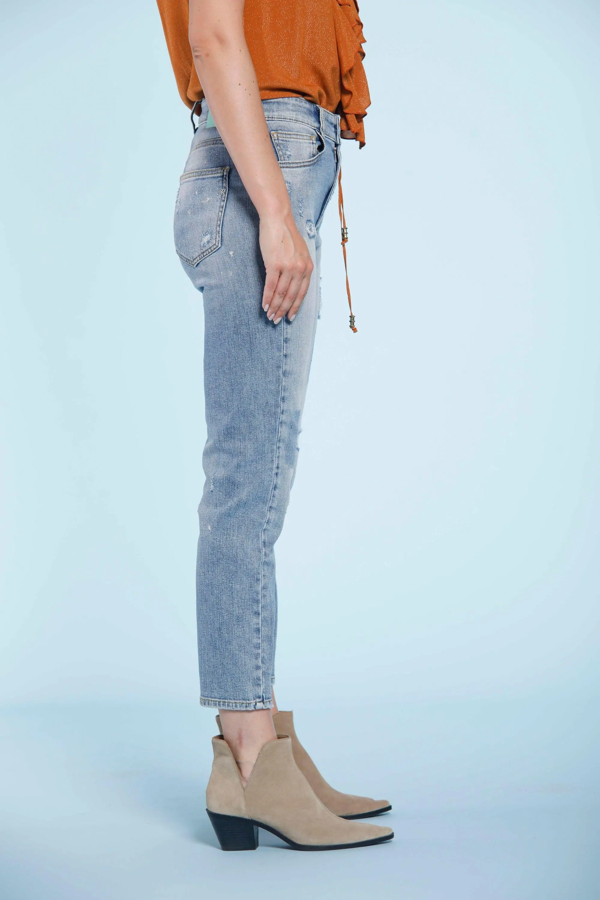 Agnes pantalone 5 tasche donna in denim con rip repair regular