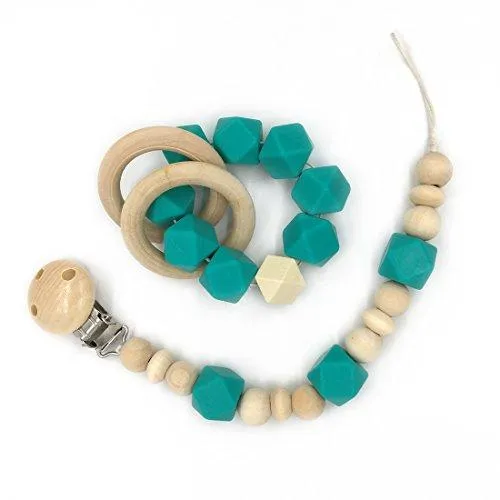Amyster Wooden Baby Teether Ring Wood Pacifier Clip Organic Wood Montessori Toy Silicone Beads Teether Infant Teether BPA Free