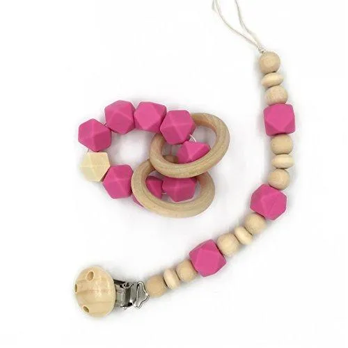 Amyster Wooden Baby Teether Ring Wood Pacifier Clip Organic Wood Montessori Toy Silicone Beads Teether Infant Teether BPA Free