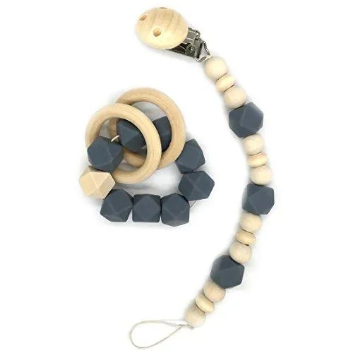 Amyster Wooden Baby Teether Ring Wood Pacifier Clip Organic Wood Montessori Toy Silicone Beads Teether Infant Teether BPA Free