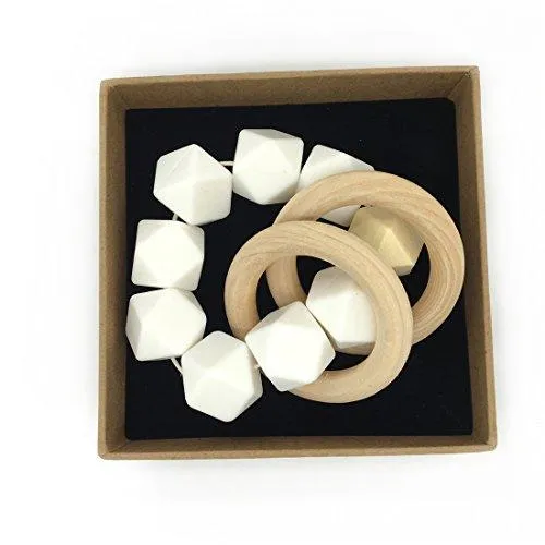 Amyster Wooden Baby Teether Ring Wood Pacifier Clip Organic Wood Montessori Toy Silicone Beads Teether Infant Teether BPA Free