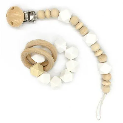 Amyster Wooden Baby Teether Ring Wood Pacifier Clip Organic Wood Montessori Toy Silicone Beads Teether Infant Teether BPA Free