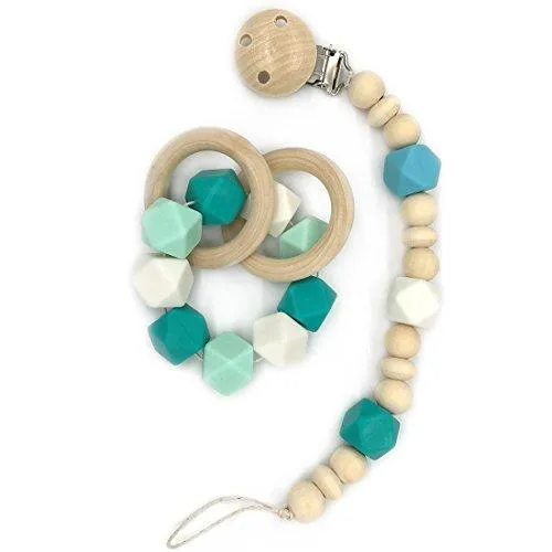 Amyster Wooden Baby Teether Ring Wood Pacifier Clip Organic Wood Montessori Toy Silicone Beads Teether Infant Teether BPA Free
