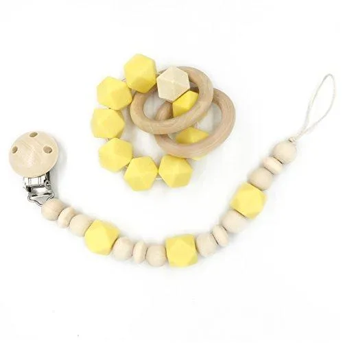 Amyster Wooden Baby Teether Ring Wood Pacifier Clip Organic Wood Montessori Toy Silicone Beads Teether Infant Teether BPA Free