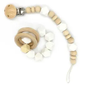 Amyster Wooden Baby Teether Ring Wood Pacifier Clip Organic Wood Montessori Toy Silicone Beads Teether Infant Teether BPA Free