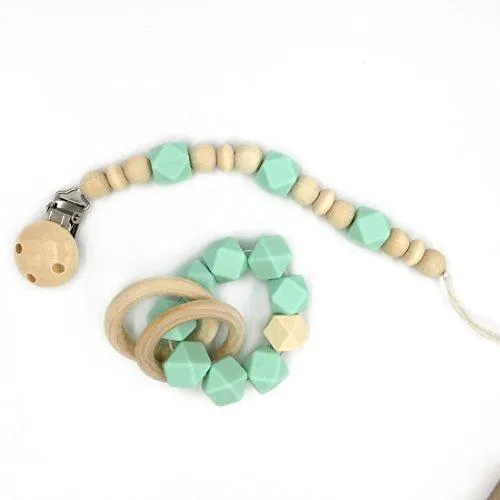 Amyster Wooden Baby Teether Ring Wood Pacifier Clip Organic Wood Montessori Toy Silicone Beads Teether Infant Teether BPA Free