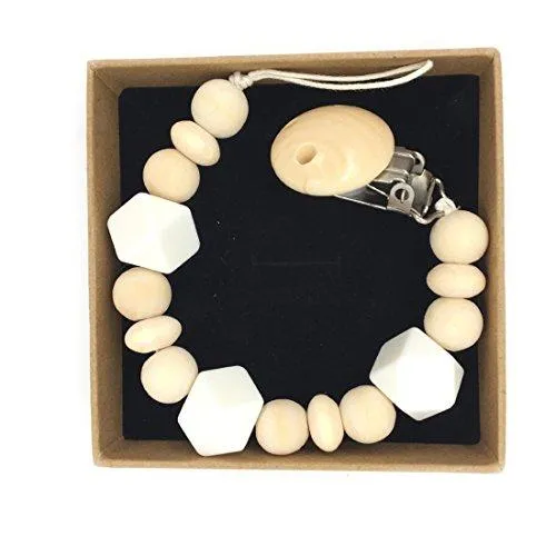 Amyster Wooden Baby Teether Ring Wood Pacifier Clip Organic Wood Montessori Toy Silicone Beads Teether Infant Teether BPA Free