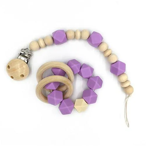 Amyster Wooden Baby Teether Ring Wood Pacifier Clip Organic Wood Montessori Toy Silicone Beads Teether Infant Teether BPA Free