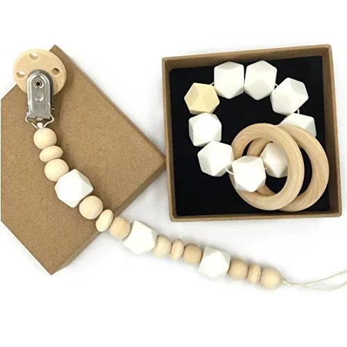 Amyster Wooden Baby Teether Ring Wood Pacifier Clip Organic Wood Montessori Toy Silicone Beads Teether Infant Teether BPA Free