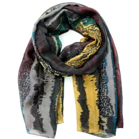 Animal Print Silk Scarf - Teal/Mustard/Burgundy