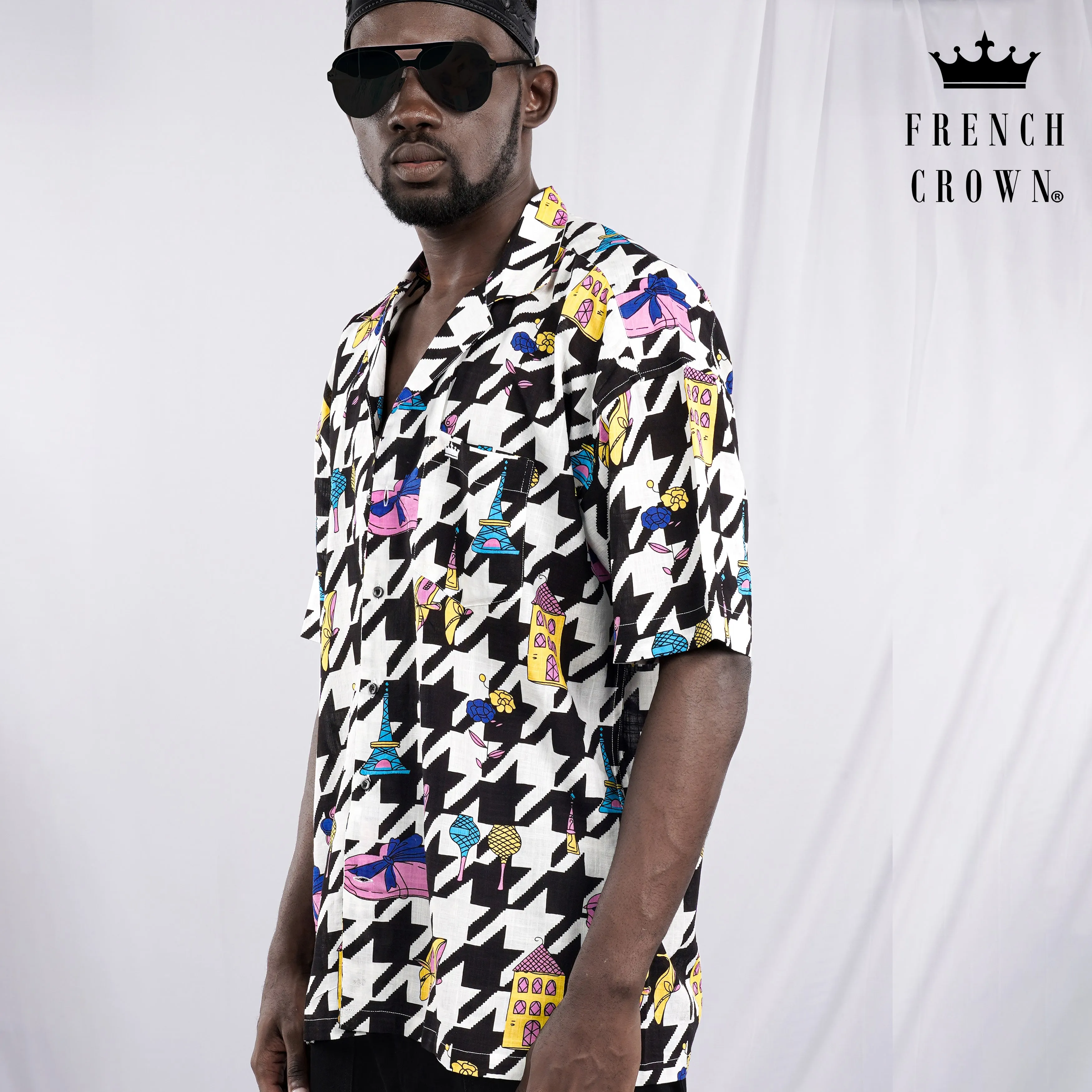 Black & White with Lavender Pink Herringbone Printed Lightweight Oversized Premium Cotton Shirt