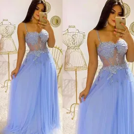 blue prom dresses long spaghetti straps sweetheart neck lace appliqué elegant prom gown vestido de longo