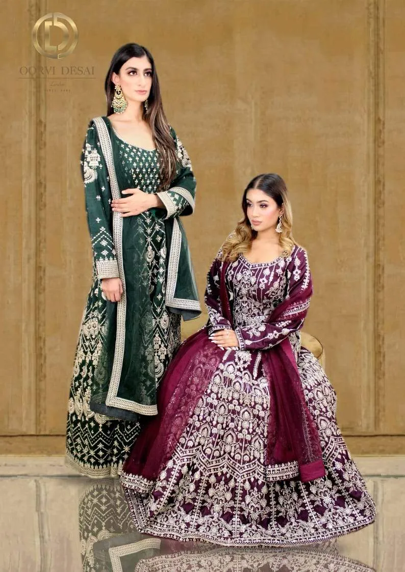 Bottle green Anarkali Set with Silver Reshamwork and Dupatta