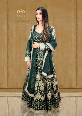 Bottle green Anarkali Set with Silver Reshamwork and Dupatta