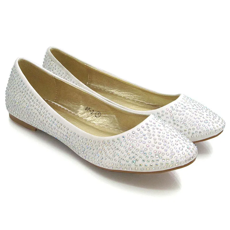 CINDERELLA SPARKLY CRYSTAL DIAMANTE FLAT PUMPS BRIDAL BALLERINA SHOES IN IVORY SATIN
