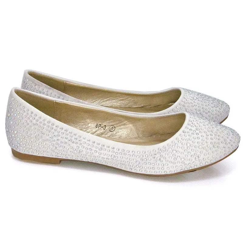 CINDERELLA SPARKLY CRYSTAL DIAMANTE FLAT PUMPS BRIDAL BALLERINA SHOES IN IVORY SATIN