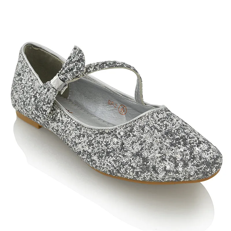COLETTE FLAT LOW HEEL STRAPPY WITH BOW DETAILING BALLERINA PUMP SHOES IN SILVER GLITTER