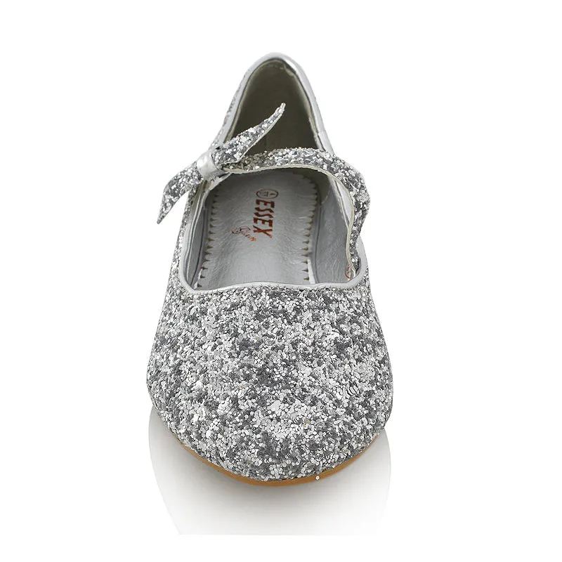 COLETTE FLAT LOW HEEL STRAPPY WITH BOW DETAILING BALLERINA PUMP SHOES IN SILVER GLITTER