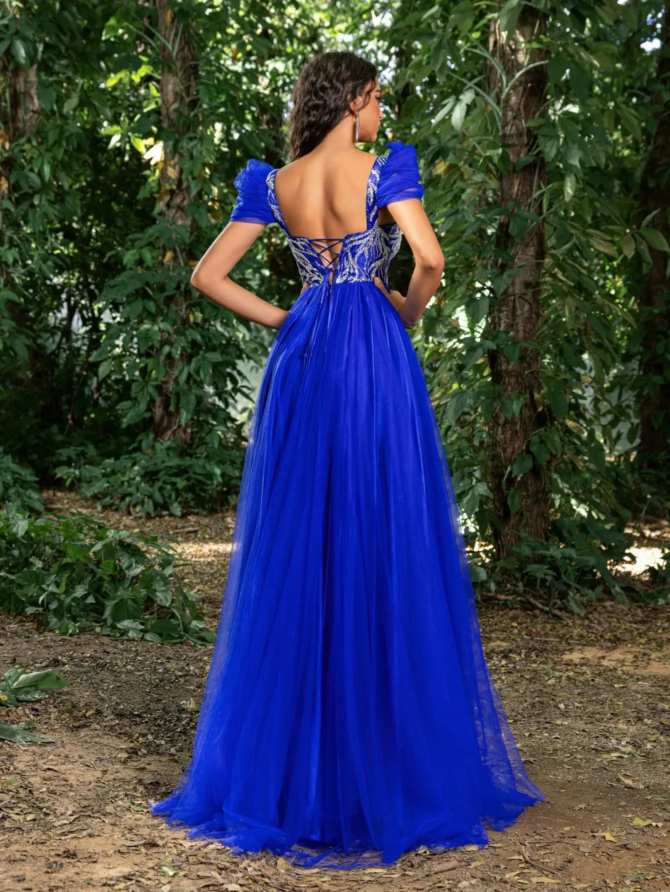 Elegant Beaded Sequin Bodice Contrast Mesh Hem Prom Dress