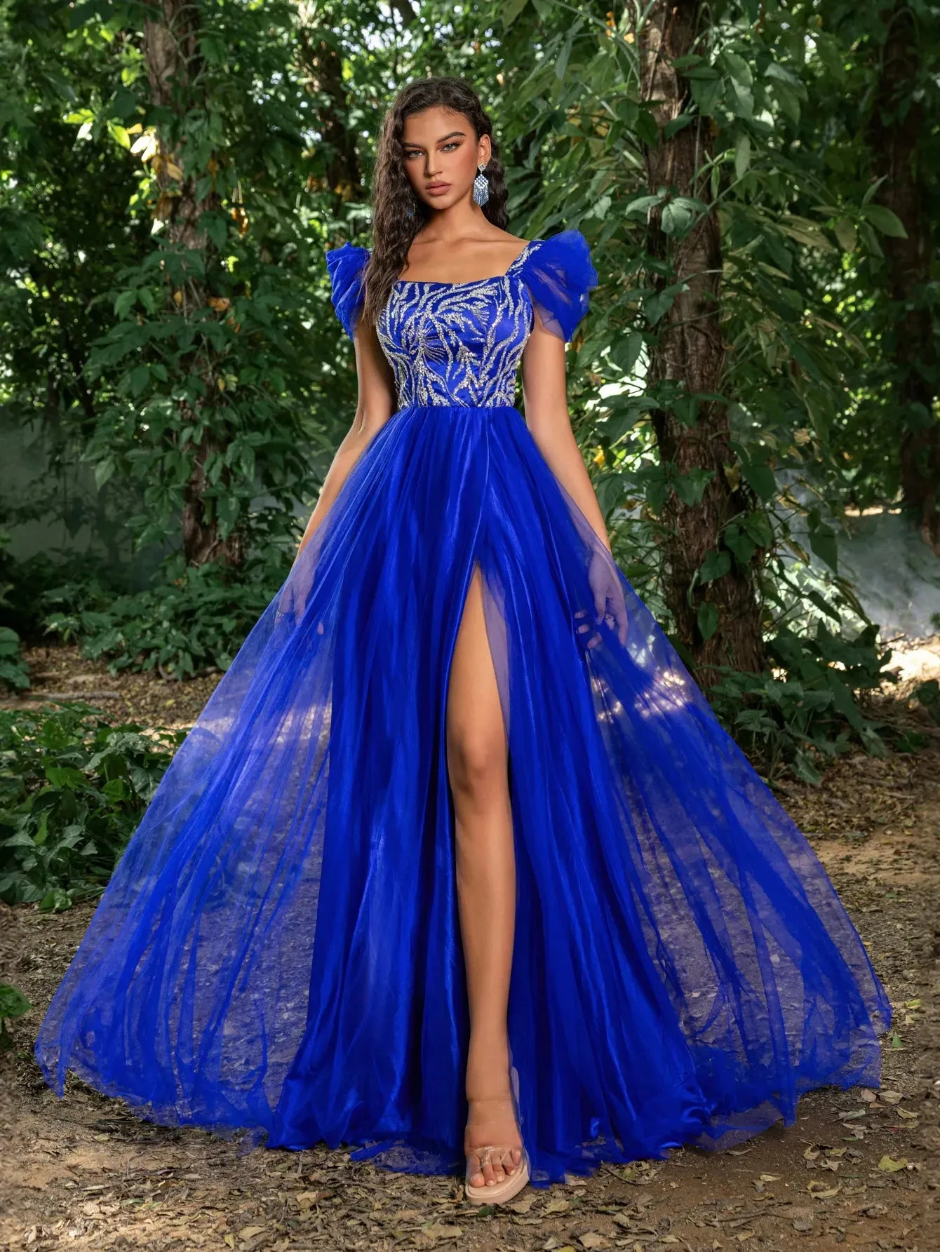 Elegant Beaded Sequin Bodice Contrast Mesh Hem Prom Dress