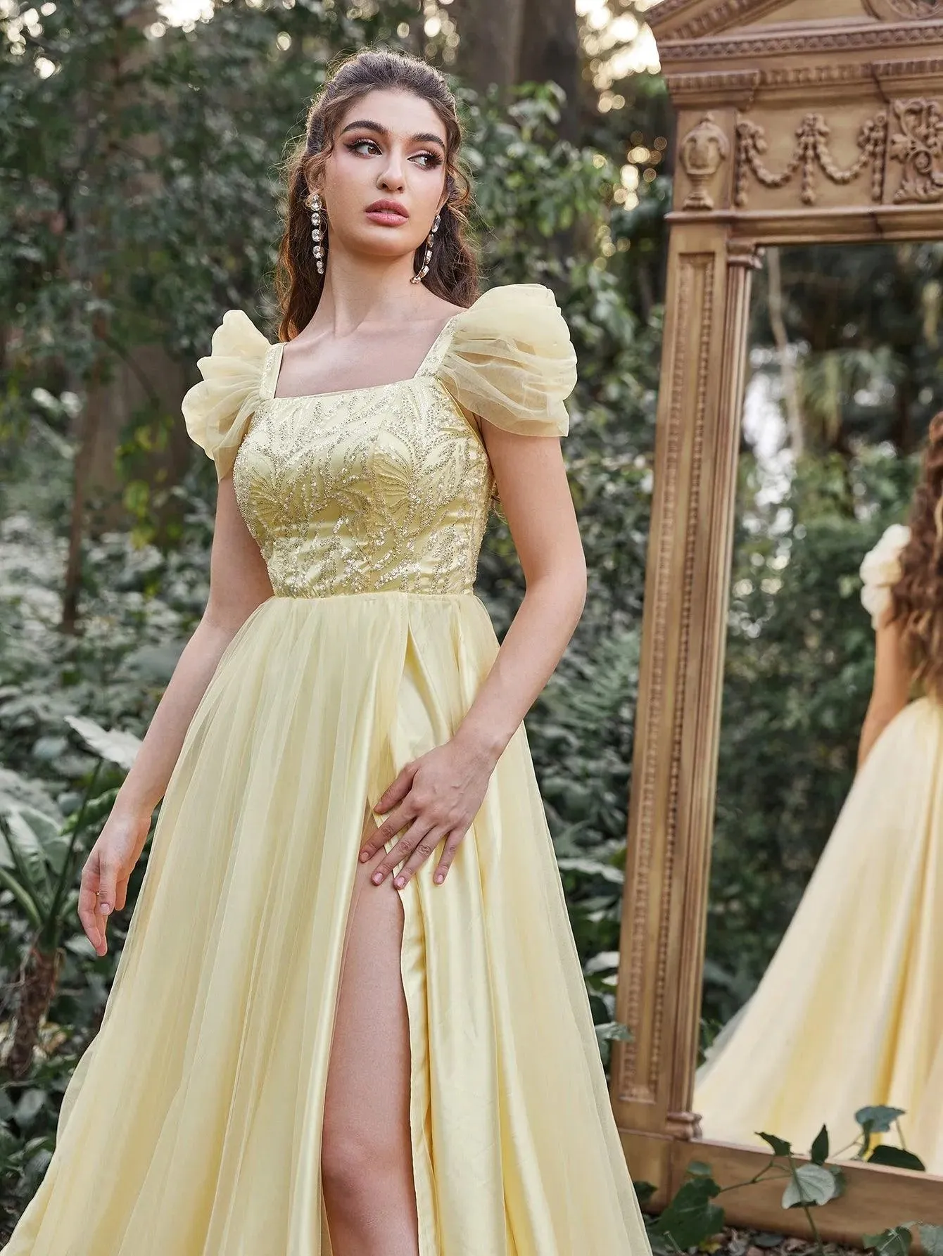 Elegant Beaded Sequin Bodice Contrast Mesh Hem Prom Dress