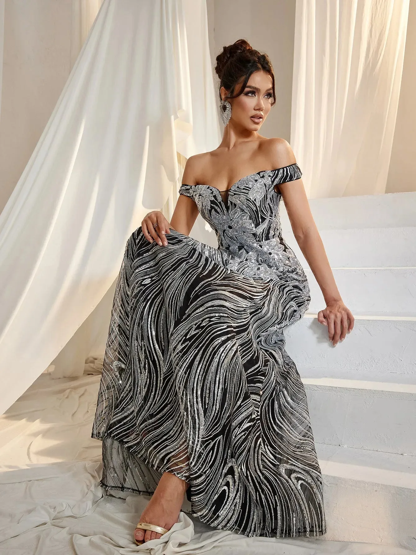 Elegant Off Shoulder Graphic Sequin Formal Prom Dress