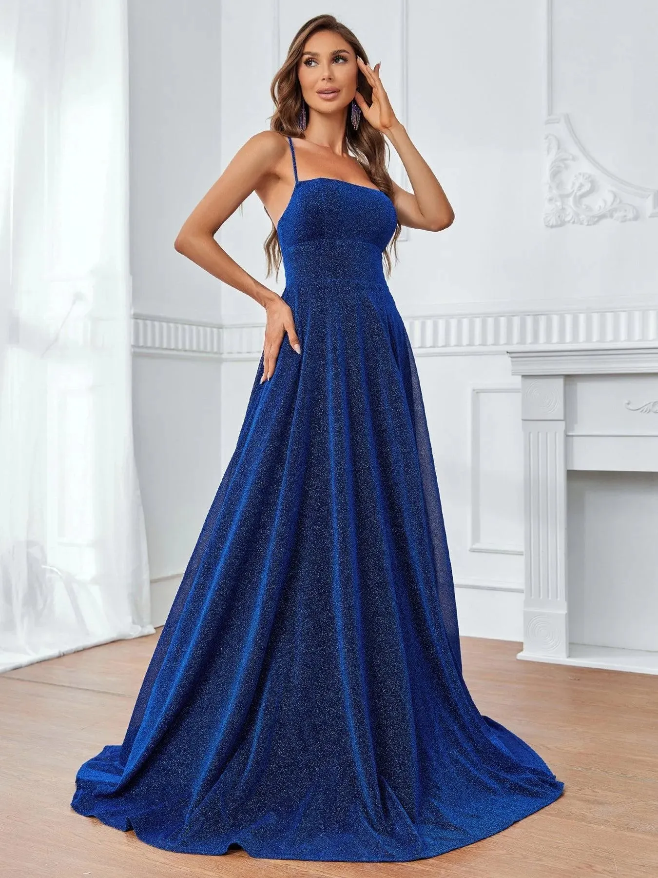 Glitter Backless Lace Up Formal Cami Dress
