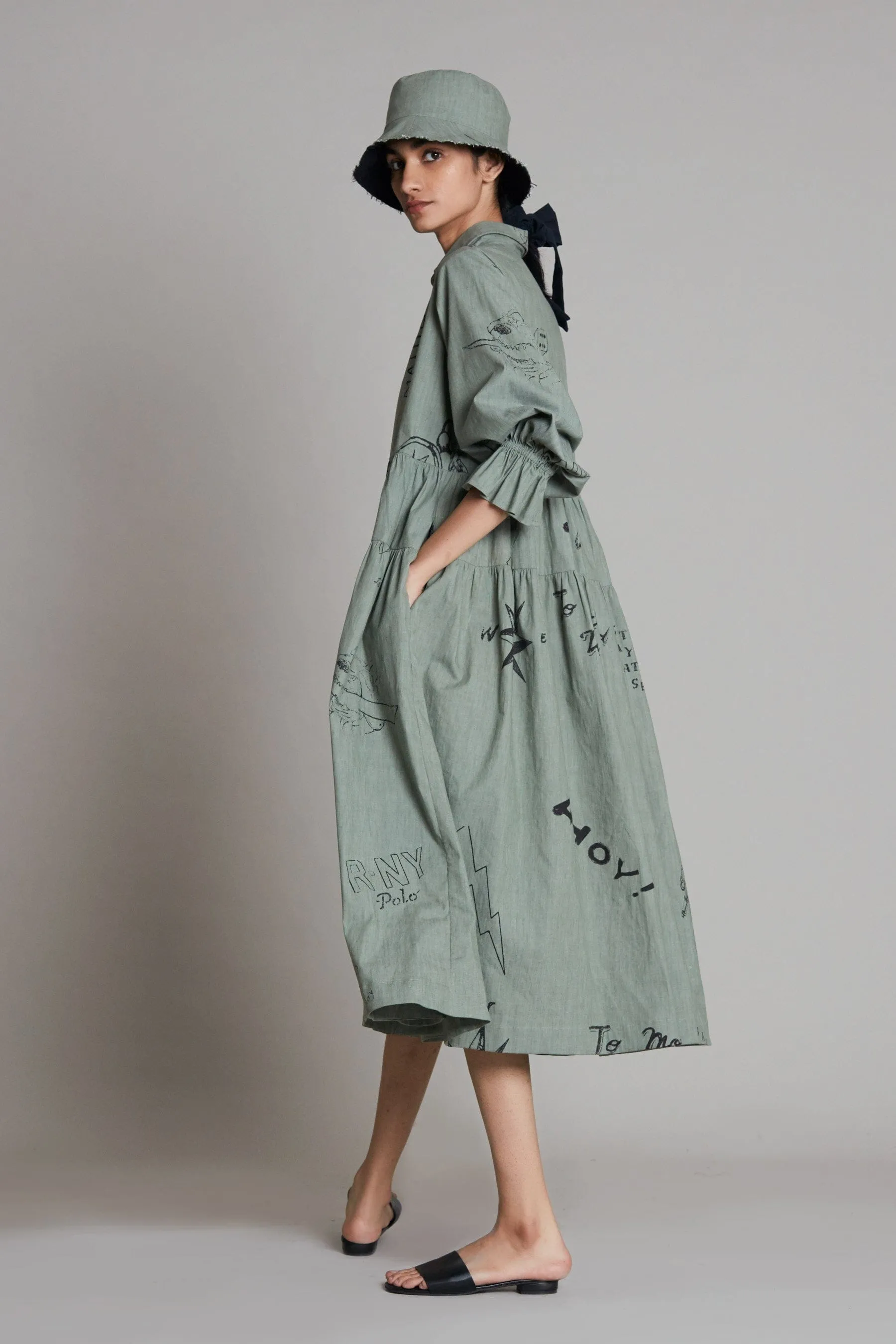 Green Denim Tiered Dress