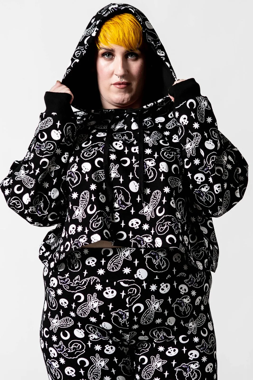 Killstar Purr Off Cropped Hoodie in Black Cat Print!