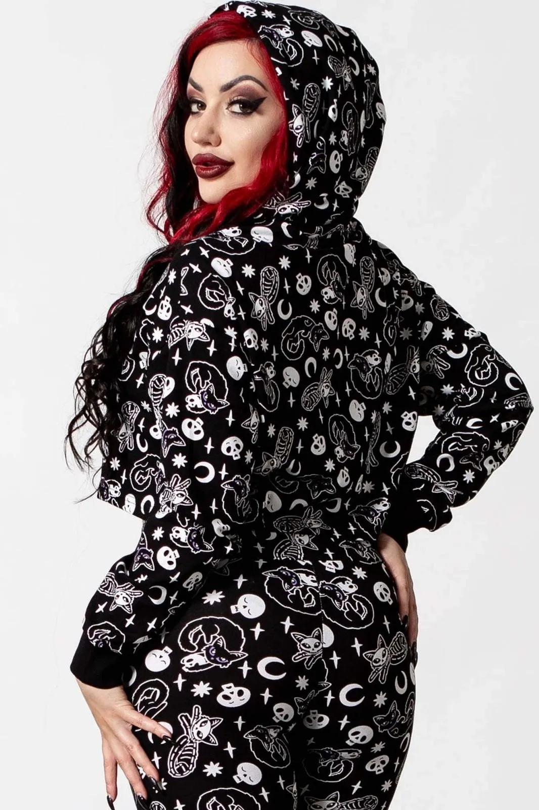 Killstar Purr Off Cropped Hoodie in Black Cat Print!