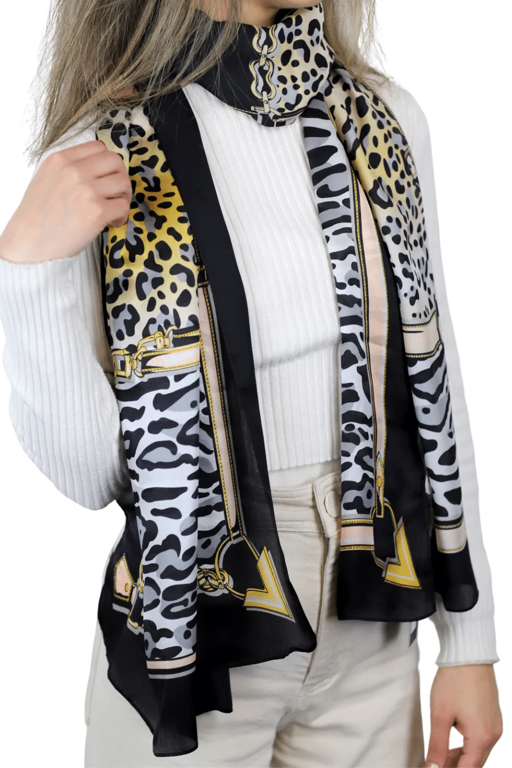 Leopard Print 100% Silk Scarf - Blue & Black