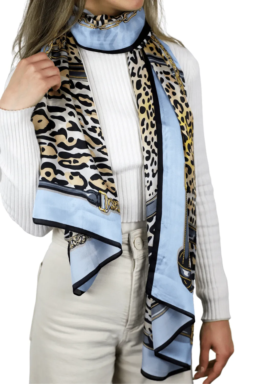 Leopard Print 100% Silk Scarf - Blue & Black