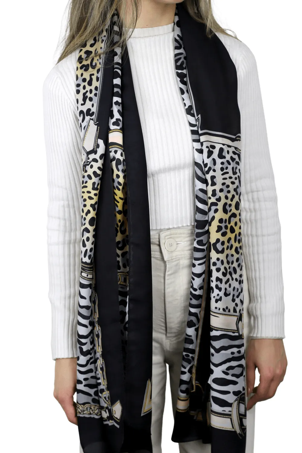 Leopard Print 100% Silk Scarf - Blue & Black
