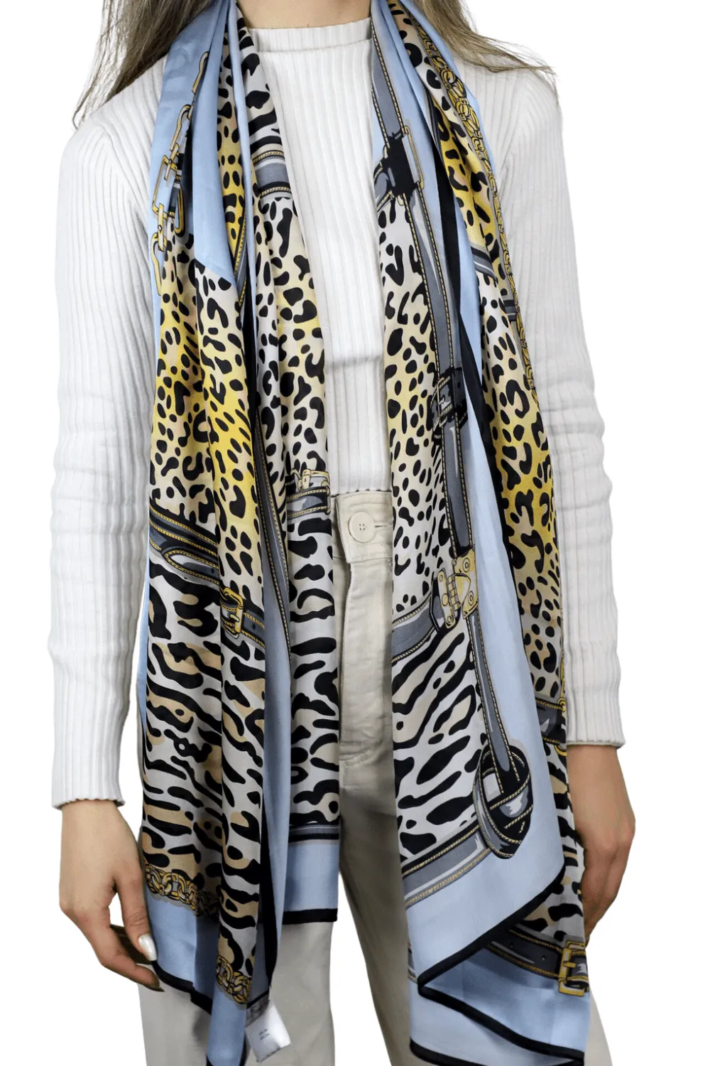 Leopard Print 100% Silk Scarf - Blue & Black